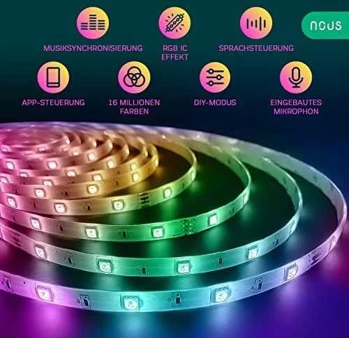 Skaitmeninės LED juostos komplektas su Wi-Fi valdikliu ir maitinimo šaltiniu, RGB IC, 10m, 36W, TUYA / Smart Life, NOUS