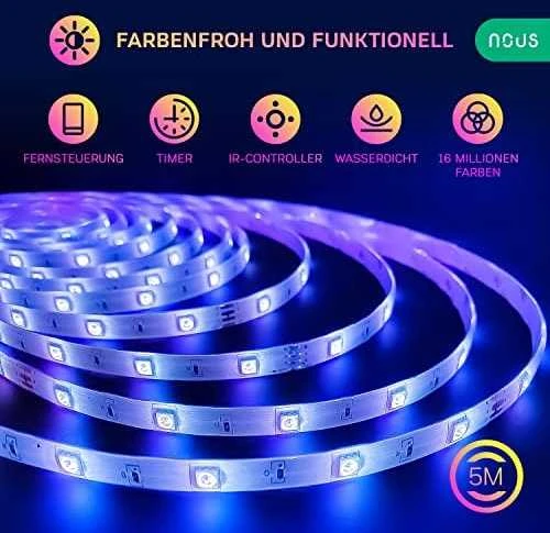 LED juostos komplektas su Wi-Fi valdikliu ir maitinimo šaltiniu, RGB, 5m, 24W, TUYA / Smart Life, NOUS