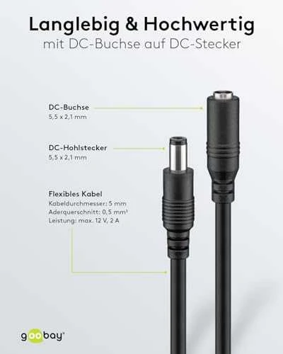 DC prailgintuvas 5.5/2.1mm - kaištis-lizdas - 10m - juodas - Goobay 71400
