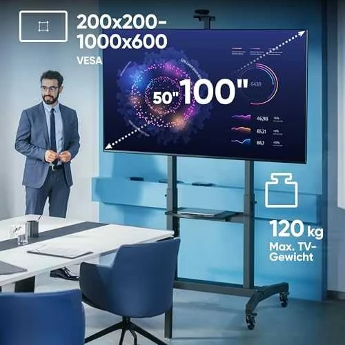 Laikiklis ONKRON mobiliojo televizoriaus stovas Riedantis televizoriaus krepšelis 50–100 colių ekranams iki 120 kg, juodas