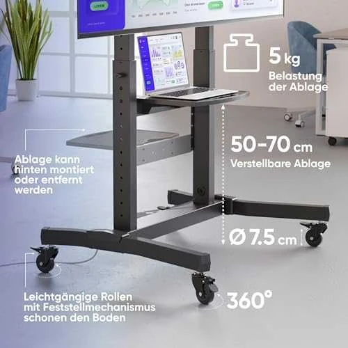 Laikiklis ONKRON mobiliojo televizoriaus stovas Riedantis televizoriaus krepšelis 50–100 colių ekranams iki 120 kg, juodas