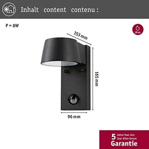 Paulmann sieninis šviestuvas, fasadinis šviestuvas, PIR jutiklis, 230V, Wandl Capea 5W, Juodas