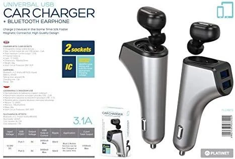 Įkroviklis automobilinis Platinet + Bluetooth ausinė (2xUSB 2.4A)