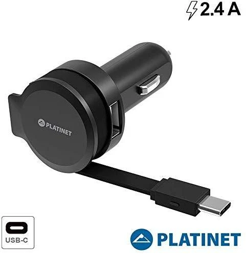 Įkroviklis automobilinis Platinet su Type-C laidu (1xUSB 2.4A) juodas