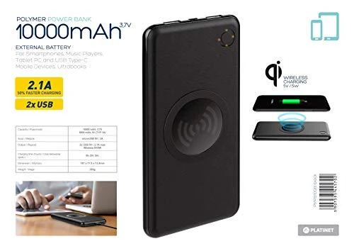Platinet maitinimo blokas 10000mAh 2xUSB Wireless QI, juodas (44572)