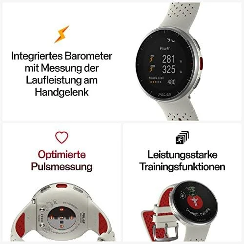 Išmanusis laikrodis Polar Pacer Pro, S/L dydždio, Balta spalvos su baltai raudonu silikoniniu dirželiu