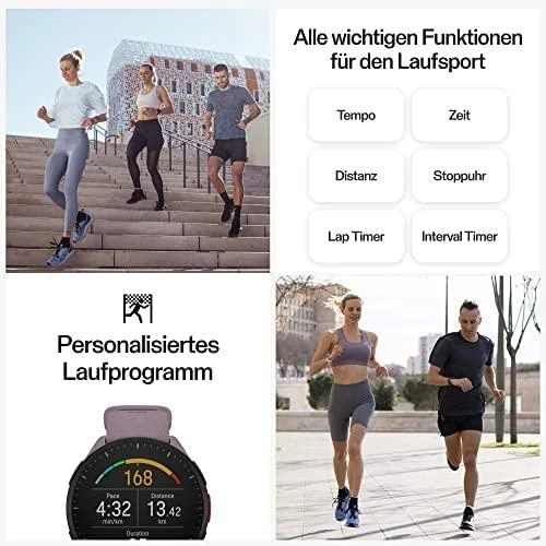 Išmanusis laikrodis Polar Pacer, S/L dydžio, Juodos spalvos apvadas su purpurinės spalvos silikoniniu dirželiu