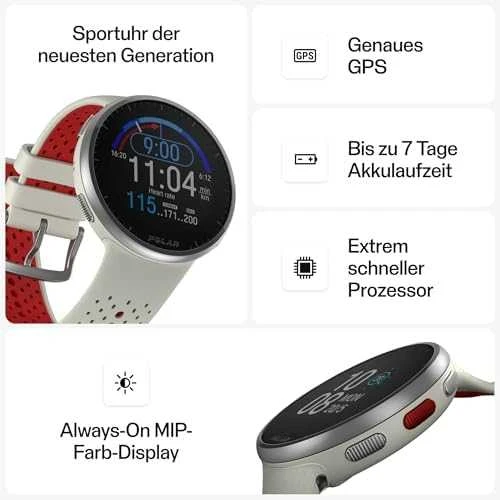 Išmanusis laikrodis Polar Pacer Pro, S/L dydždio, Balta spalvos su baltai raudonu silikoniniu dirželiu