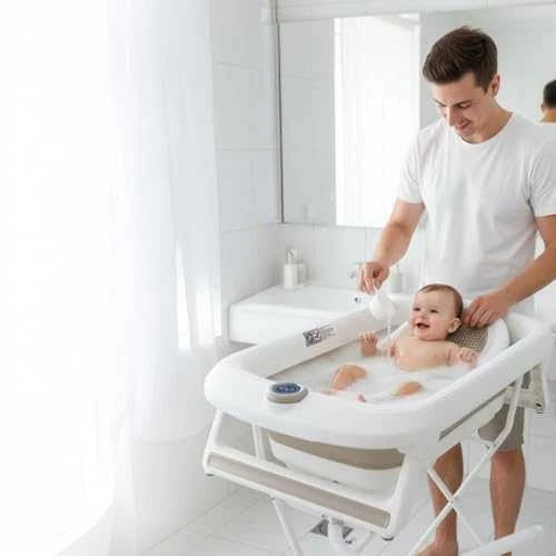 Silikoninė sulankstoma vonelė, su termometru Primabobo Premium, Mėlynos spalvos