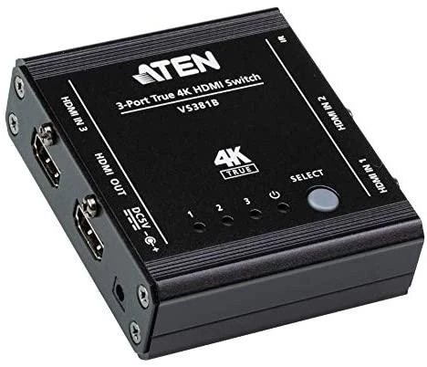 Aten | 3 prievadų tikrasis 4K HDMI jungiklis | VS381B | Įvestis: 3 x HDMI tipo A moteriška; Išvestis: 1 x HDMI tipo A moteriška