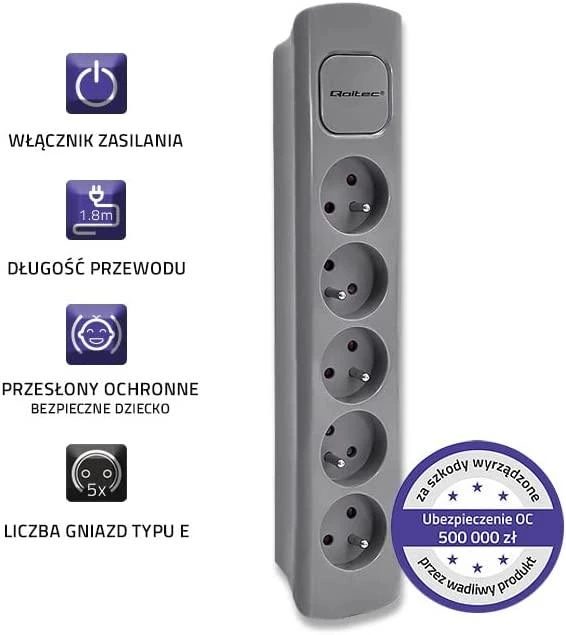 QOLTEC 50275 Maitinimo juosta 5 lizdai 1,8m Pilkas