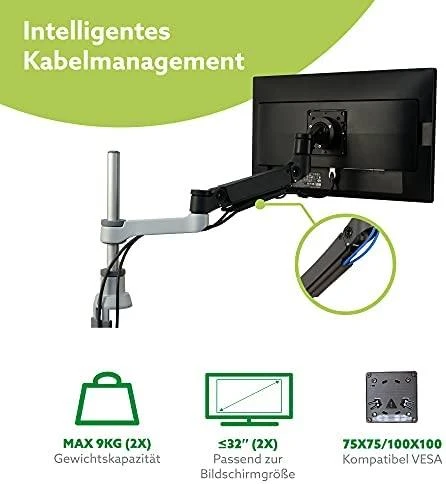Laikiklis R-Go Tools R-Go Monitorarm 0"-32" 2TFT Max.9KG Caparo 4 Gasfeder sidabrinis