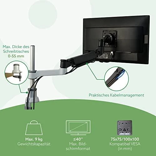Laikiklis R-Go Tools R-Go Monitorarm 0"-40" 1TFT Max.9KG Caparo 4 Gasfeder sidabrinis
