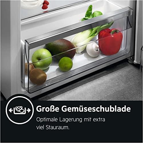 143cm sidabro spalvos šaldytuvas AEG su šaldymo kamera viršuje RDB424E1AX