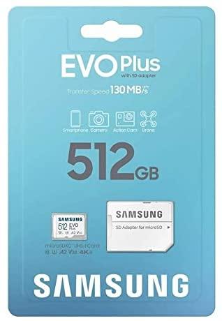 Atminties kortelė Samsung Micro SD Card EVO PLUS 512 GB Micro SDXC Flash atminties klasė 10 SD adapter/Baltos spalvos