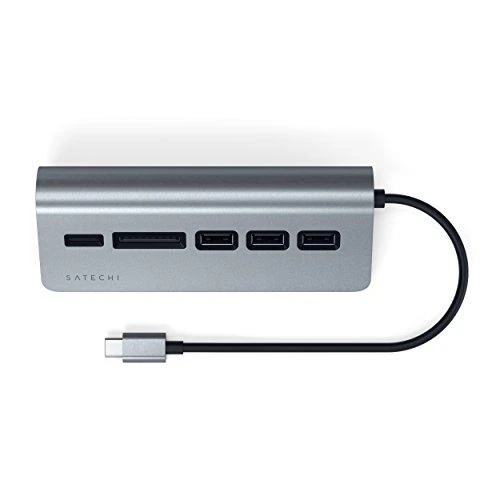 SATECHI Type-C aliuminio USB 3.0 šakotuvas ir kortelių skaitytuvo vieta pilka