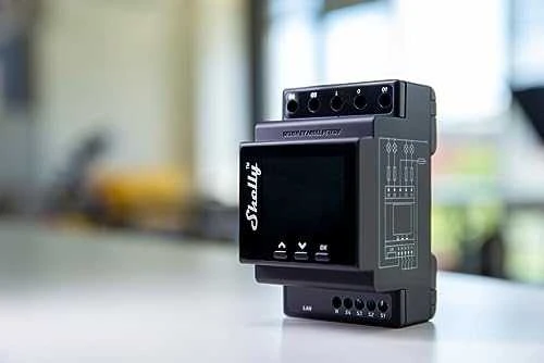 Shelly Pro 4PM 4 kanalų DIN bėgio relė jungiklis su Wi-Fi, LAN ir Bluetooth ryšiu