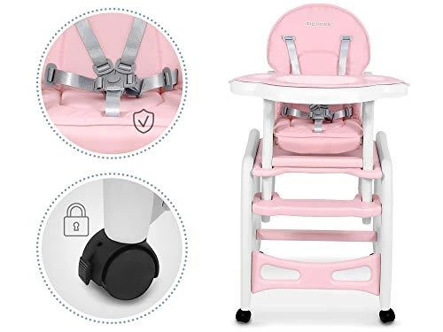 Ricokids Rožinė 5-in-1 kūdikio maitinimo kėdutė, daugiafunkcinė maitinimo kėdutė su reguliuojamu padėklu, supamoji kėdutė, paaukštinimas, vaikiška kėdutė 6-36 mėnesiams