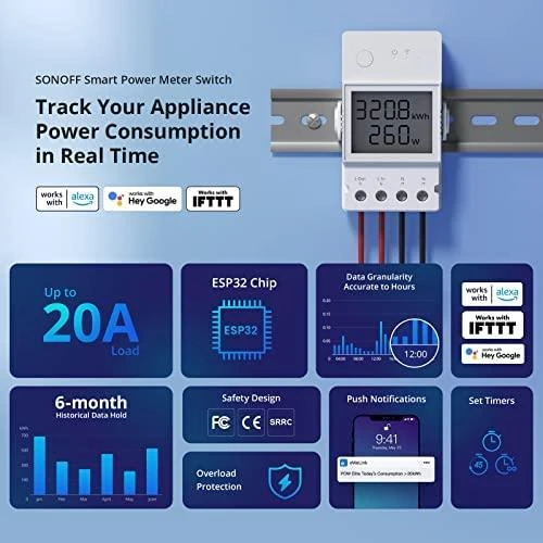 SONOFF POW Elite 20A 1 kanalo relė su elektros sąnaudų matavimu (POWR320D Elite)