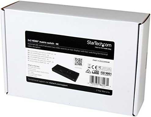 StarTech 2x2 HDMI MATRIX Jungiklis - 4K su Greitu Perjungimu ir Automatinio Aptikimo Funkcija. Automatiškai perjungia tarp dviejų 4K vaizdo šaltinių ant dviejų ekranų, naudojant greito perjungimo technologiją.