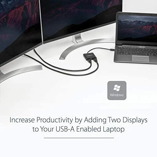USB į HDMI adapteris su dviem prijungtais ekranais