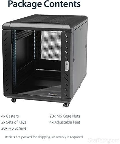StarTech.com 4 stulpų 12U serverio stelažo spintelė, užrakinama 19 colių duomenų stelažo spintelė kompiuteriams / AV / IT įrangai, biuro / namų tinklo stelažas su ratukais ir reguliuojamais tvirtinimo bėgeliais, laisvai pastatoma stelažas, 12U, 800 kg, rakto spyna, ratukai, 43,5kg