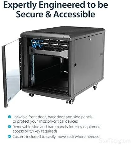 StarTech.com 4 stulpų 12U serverio stelažo spintelė, užrakinama 19 colių duomenų stelažo spintelė kompiuteriams / AV / IT įrangai, biuro / namų tinklo stelažas su ratukais ir reguliuojamais tvirtinimo bėgeliais, laisvai pastatoma stelažas, 12U, 800 kg, rakto spyna, ratukai, 43,5kg