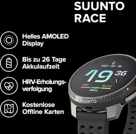 Išmanusis laikrodis Suunto Race Titanium Charcoal, Tamsiai pilkos spalvos korpusas su juodos spalvos dirželiu
