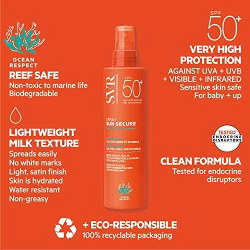 Svr Sun Secure Purškiklis Moisturiser SPF 50+ apsauginis veido ir kūno purškiklis nuo saulės, 200 ml