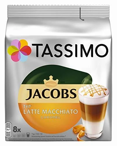 Kavos kapsulės Tassimo Latte Macchiato Caramel (suderinamos su Bosch Tassimo kapsuliniais kavos aparatais), 8+8 vnt.