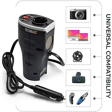 Technaxx TE13 automobilio maitinimo keitiklis, 2 USB prievadai ir 1 CEE 7/4 išvestis, DC 12V, AC 230V 50hz, Juodas / TE13