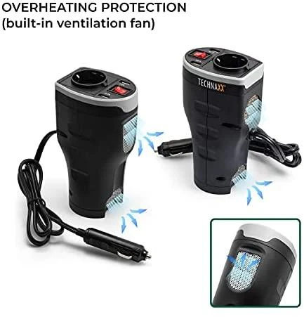 Technaxx TE13 automobilio maitinimo keitiklis, 2 USB prievadai ir 1 CEE 7/4 išvestis, DC 12V, AC 230V 50hz, Juodas / TE13