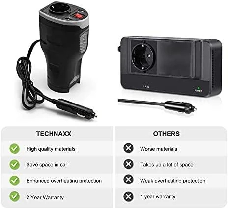 Technaxx TE13 automobilio maitinimo keitiklis, 2 USB prievadai ir 1 CEE 7/4 išvestis, DC 12V, AC 230V 50hz, Juodas / TE13