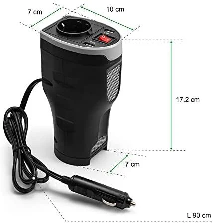 Technaxx TE13 automobilio maitinimo keitiklis, 2 USB prievadai ir 1 CEE 7/4 išvestis, DC 12V, AC 230V 50hz, Juodas / TE13