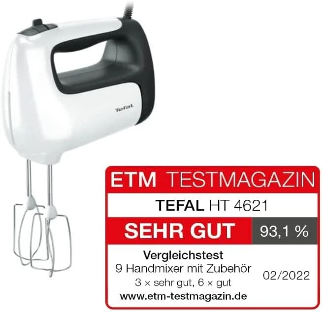 Plakiklis TEFAL | Hand Mixer | PrepMix+ HT462138 | Hand Mixer | 500 W | Greičių skaičius 5 | Turbo mode | Baltas