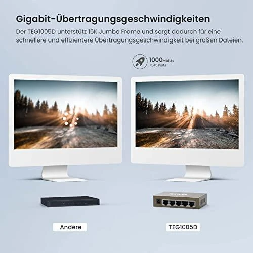 Šakotuvas Tenda TEG1005D tinklo jungiklis Nevaldomas Gigabit Ethernet (10/100/1000) Pilkas