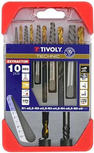 Grąžtas Tivoly nulūžusių varžtų ištraukiklių ir grąžtų rinkinys – 10 dalių:, varžtų ištraukikliai N1–N5 + TiN danga dengti HSS grąžtai Ø2,8–8 mm, trijų briaunų kotas, pilkos spalvos dėklas, (M3-M18 varžtams)