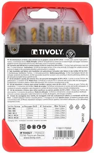 Grąžtas Tivoly nulūžusių varžtų ištraukiklių ir grąžtų rinkinys – 10 dalių:, varžtų ištraukikliai N1–N5 + TiN danga dengti HSS grąžtai Ø2,8–8 mm, trijų briaunų kotas, pilkos spalvos dėklas, (M3-M18 varžtams)