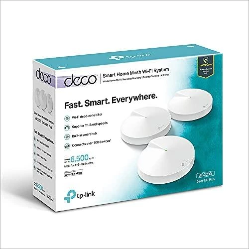 TP-LINK Mesh WiFi sistema Deco M9 Plus (3 pakuotės) 802.11ac 867 Mbit/s 10/100/1000 Mbit/s Ethernet LAN (RJ-45) jungtys 2 Mesh Support Taip MU-MiMO Taip Nėra mobiliojo plačiajuosčio ryšio Antenos tipas 8 x Vidinės antenos 1