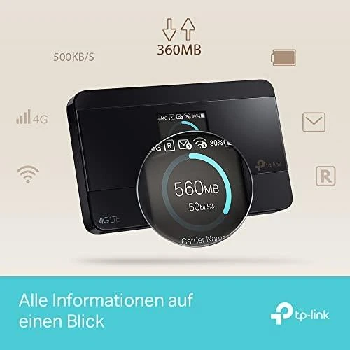Modemas TP-LINK mobilusis 4G LTE WLAN Maršrutizatorius su integr.4G modemu, SIM kortelės lizdas, 1,4 colio TFT Ekranas, 2550 mAH Akku, Micro SD kortelės lizdas