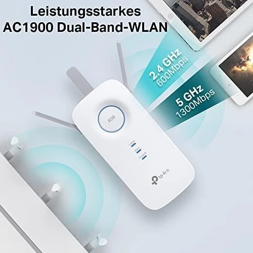 TP-LINK | AC1900 „Wi-Fi“ diapazono plėtiklis | RE550 | 802.11ac | 2GHz/5GHz | 600+1300 Mbit/s | 10/100/1000 Mbit/s | Ethernet LAN (RJ-45) jungtys: 1 | MU-MiMO: Ne | ne PoE | Antenos tipas: 3 išorinės