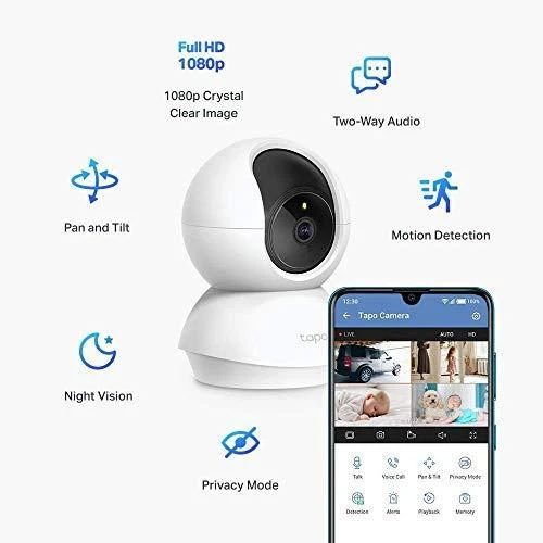 TP-LINK Pan/Tilt namų apsaugos WiFi kamera su dienos/nakties vaizdu, 1080p FHD, Micro SD kortelių talpa iki 128 GB, H.264 vaizdo įrašas, 360/114 žiūrėjimo kampas.
