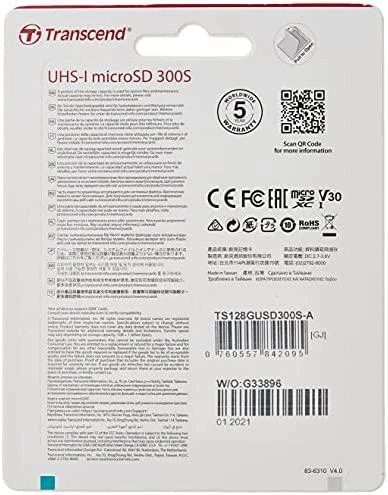 Atminties kortelė su adapteru Transcend microSDXC USD300S 128GB CL10 UHS-I U3 iki 95MB/S