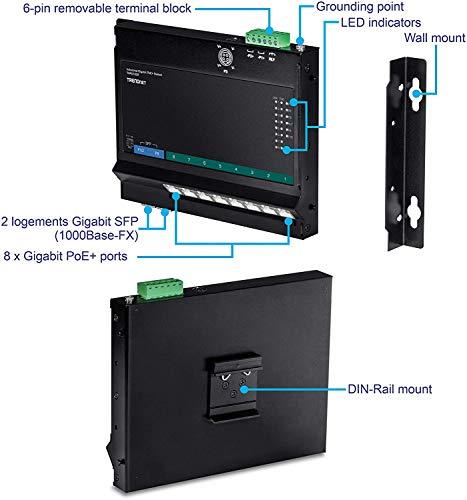 Šakotuvas TRENDnet 10 prievadų pramoninis Gigabit PoE+ WallMount priekinis Acc