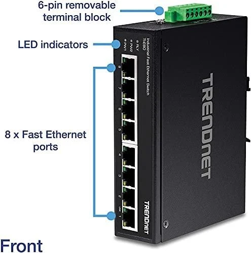 Šakotuvas TRENDnet pramoninis komutatorius, 8 prievadų greitas Ethernet L2, DIN bėgelis