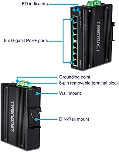 Šakotuvas TRENDnet Industrial Switch 8-Port Gbit PoE+ 24-56V DIN-Rail