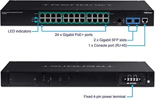 Šakotuvas TRENDnet 26-Port Industr. Gigabit L2 valdomas PoE+ stovo laikiklis