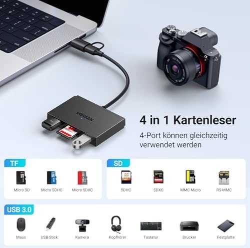 Ugreen Atminties kortelių Micro SD, SD skaitytuvas USB 3.0/USB-C OTG su 2xUSB-A prievadais