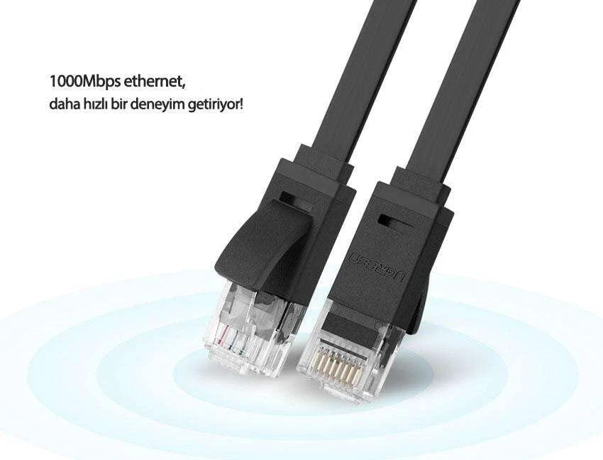 UGREEN Ethernet RJ45 plokščiojo tinklo kabelis, Cat.6, UTP, 15m (juodas)