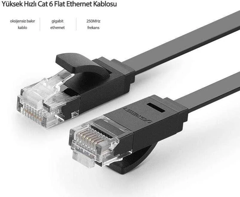 UGREEN Ethernet RJ45 plokščiojo tinklo kabelis, Cat.6, UTP, 15m (juodas)